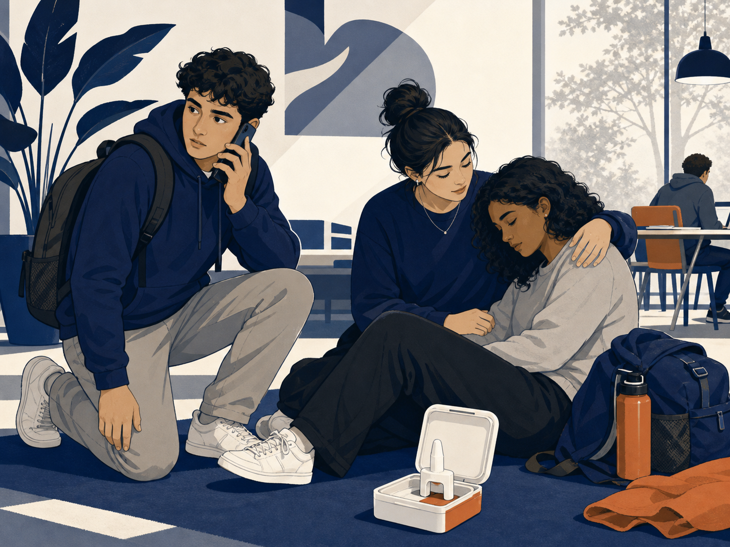 One student calls 911 while another stays beside a friend near an unbranded naloxone nasal-spray kit.