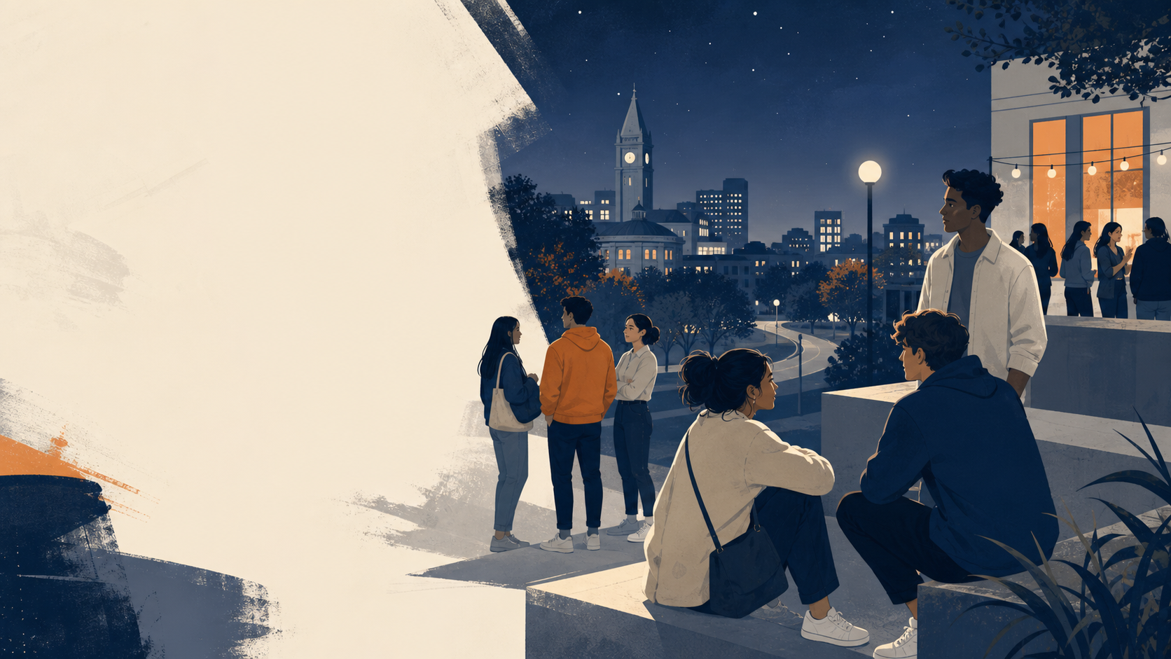 Students gathered on a campus at night, with one student calling and another supporting a friend.