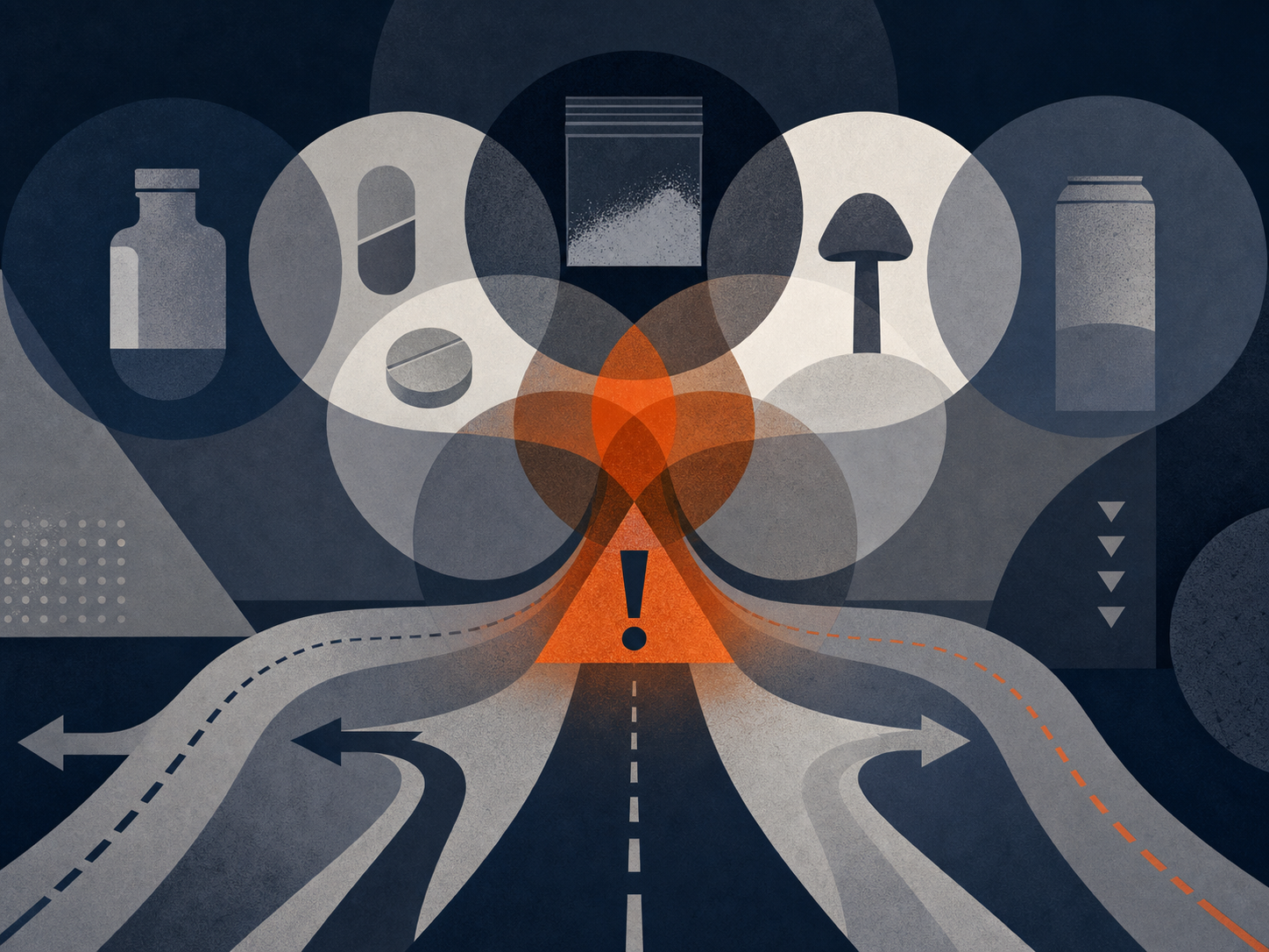 Overlapping pathways and neutral containers converge on an orange warning symbol to represent polysubstance risk.